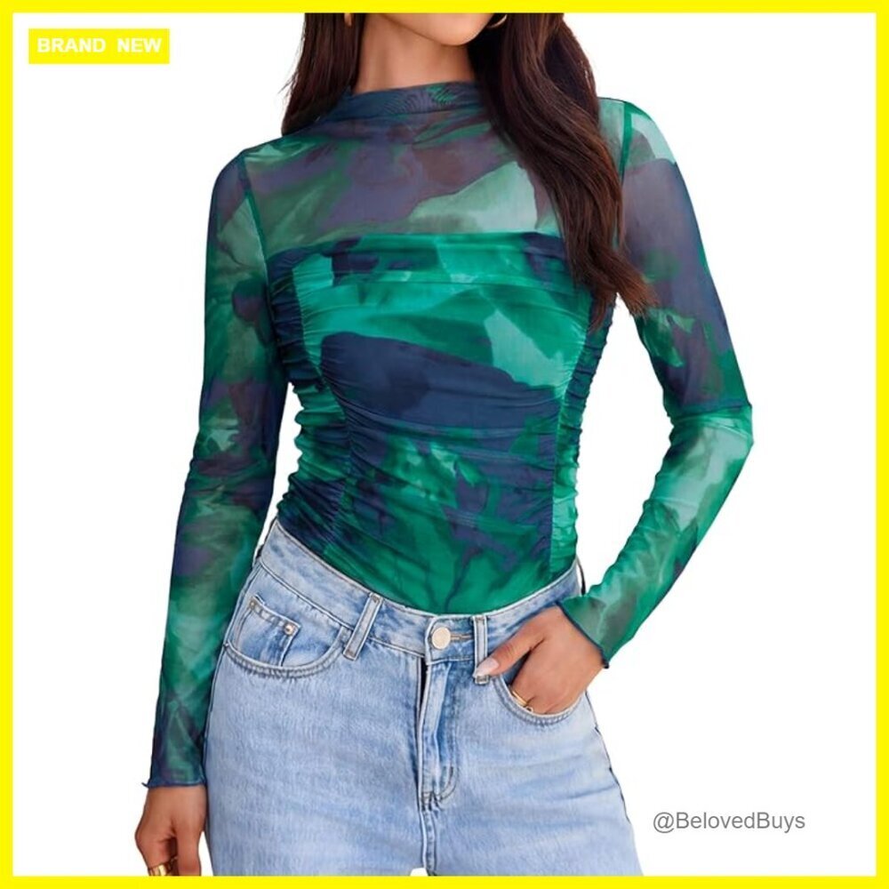 Long Sleeve Mesh Mock Neck Blouse Floral Ruched Y2K Top